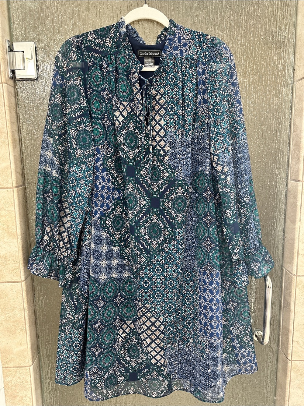 Jessica Howard Navy Blue and Teal Printed Tunic Blouse